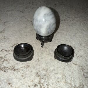Vintage White Gray Swirl Marble Egg Paper Weight with 3 Black Wooden Stands